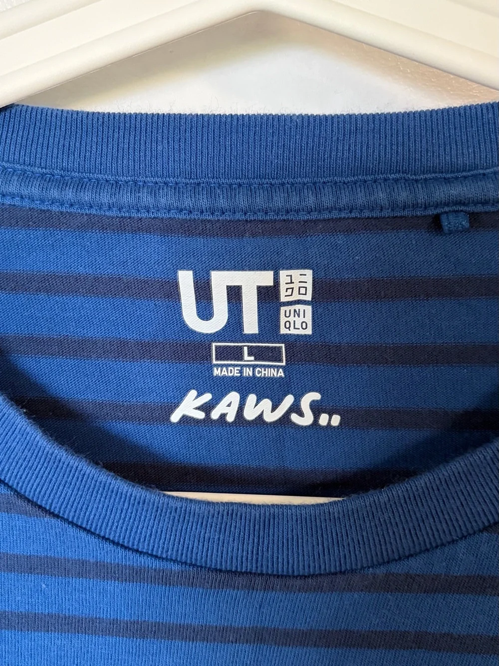 KAWS Blue Navy Striped Short Sleeve Tee with Yellow Patch - Picture 3 of 4